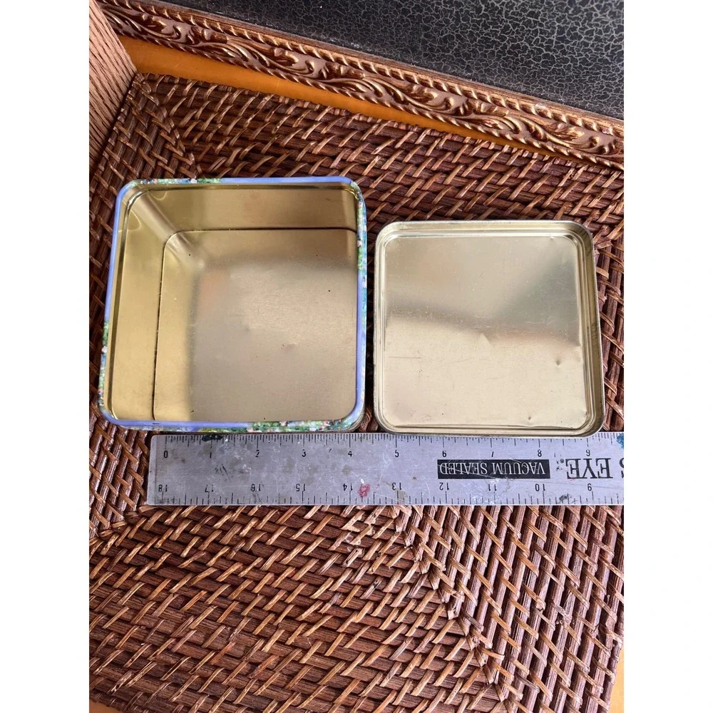 Vintage Rabbit Garden Scene Decorative Metal Tin Storage Box Cottagecore Easter